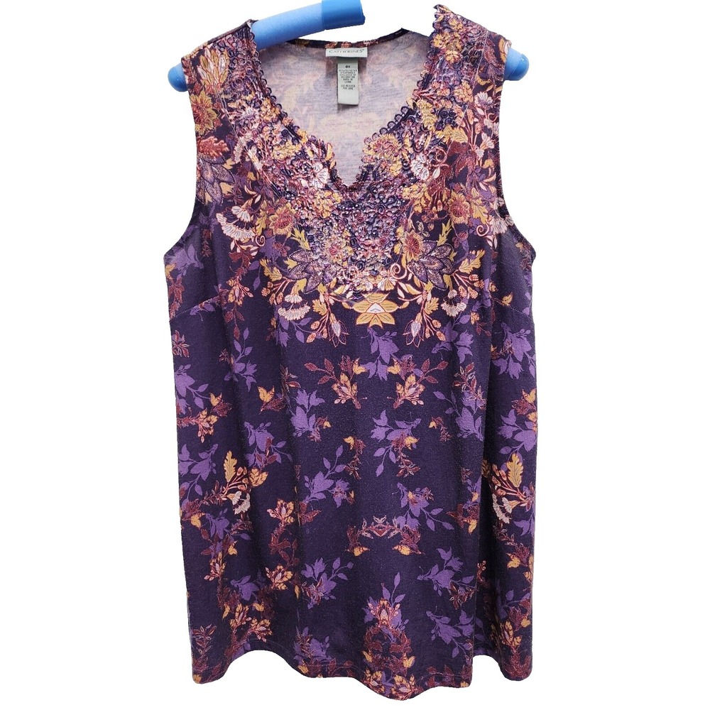 Catherines BOHO Tank Top Womens Sz 0X Purple Floral Lace Neck Rhinestones Beach